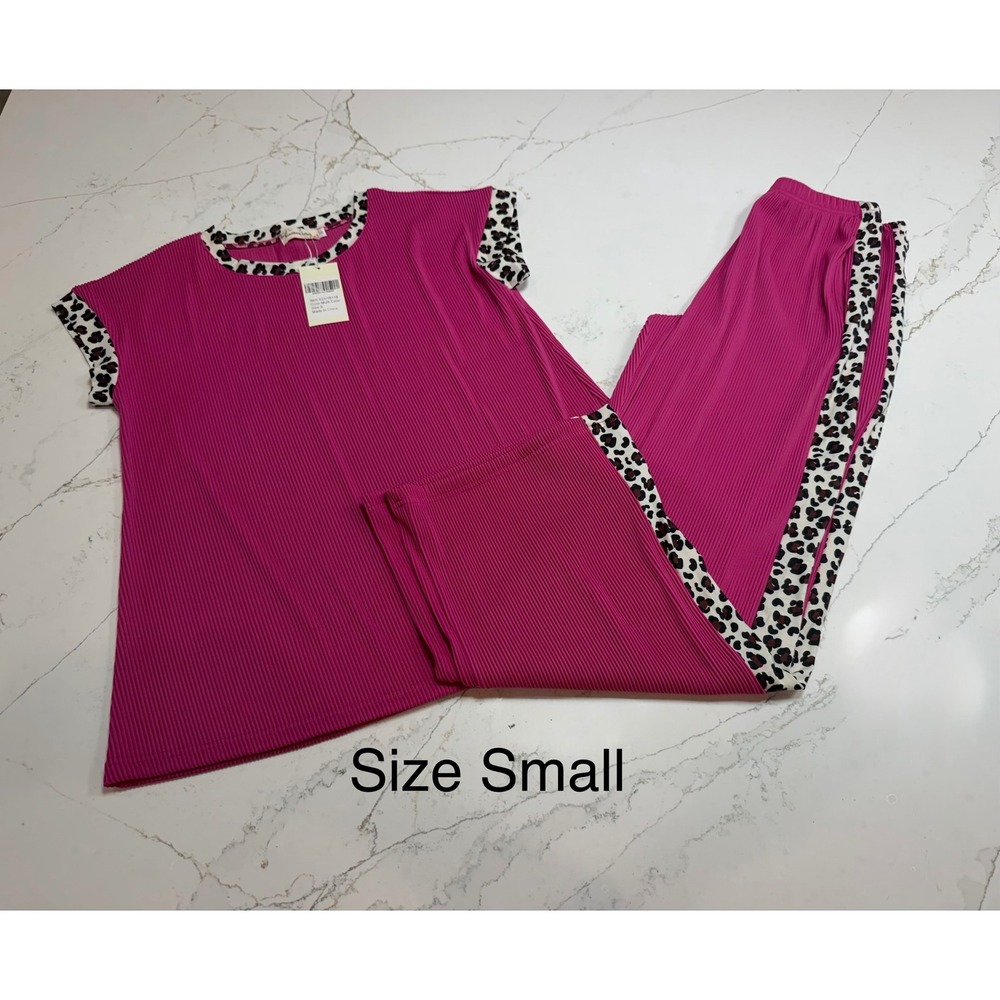 Southern Stitch Magenta‎ Ribbed Lounge Set Leopard Print Trim 2pc Small